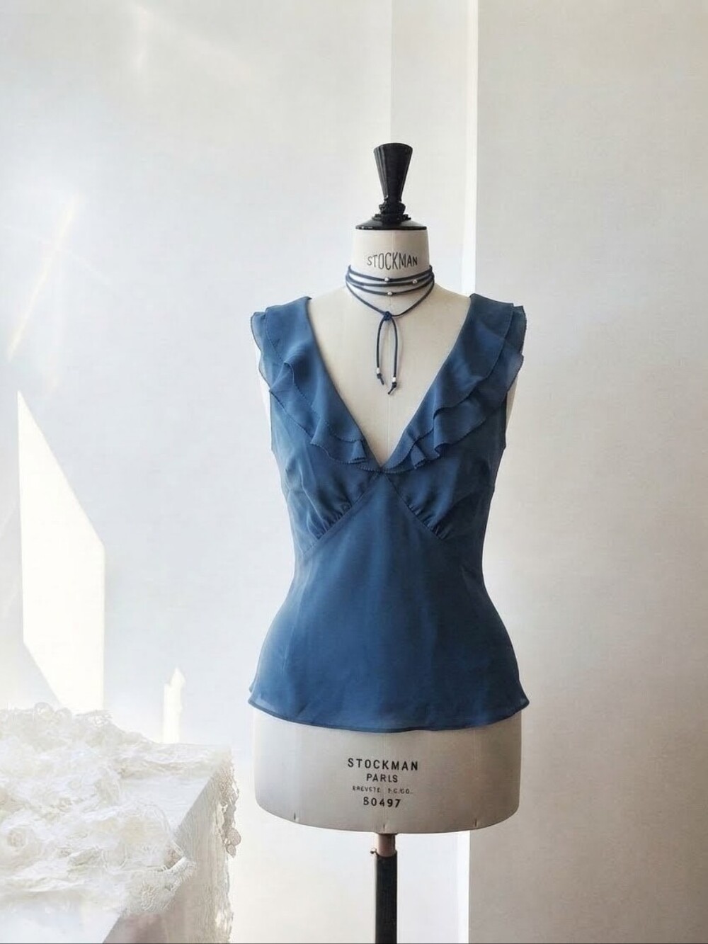 Banana Republic Dusty Blue Ruffle V-Neck Satin Blouses